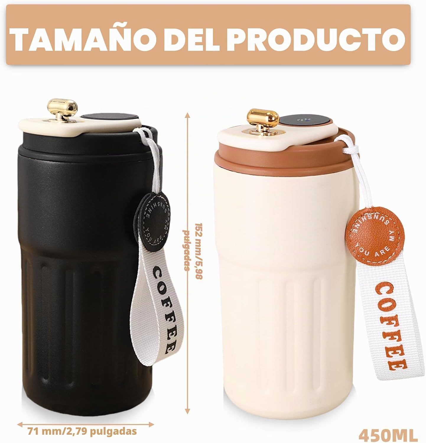 taza de café con pantalla digital, termos, 450 ml, acero inoxidable 316, taza de viaje para agua y té, taza térmica de café para llevar, taza de coche, taza de beber a prueba de fugas con tapa