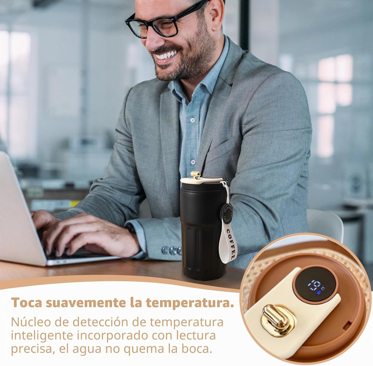 taza de café con pantalla digital, termos, 450 ml, acero inoxidable 316, taza de viaje para agua y té, taza térmica de café para llevar, taza de coche, taza de beber a prueba de fugas con tapa