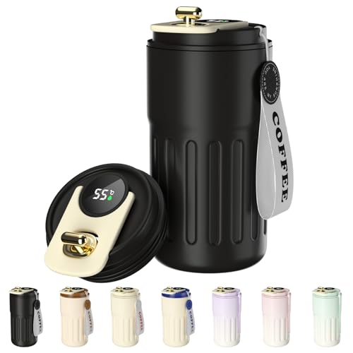 taza de café con pantalla digital, termos, 450 ml, acero inoxidable 316, taza de viaje para agua y té, taza térmica de café para llevar, taza de coche, taza de beber a prueba de fugas con tapa